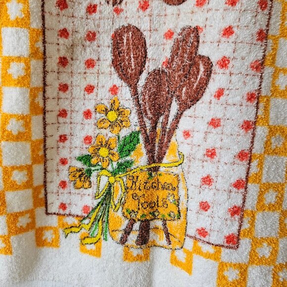Vintage 70s MCM White Yellow Floral Checker Kitchen Utensil Hand Towel 24" x 15" - Picture 2 of 4